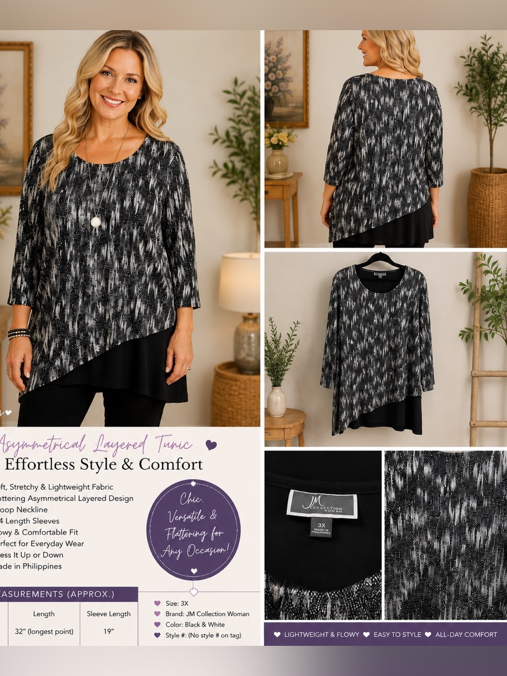 JM Collection Black & White Asymmetrical Layered Tunic Top